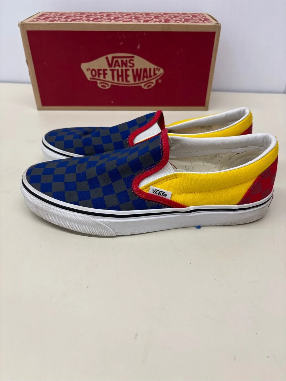 Vans Boys Slip-On Checkerboard in Blue, Yellow & Red